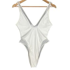WHITE ONE‑PIECE BATHING SUIT – WOMEN’S SMALL – SHEER TRIM – DEEP V FRONT/BACK